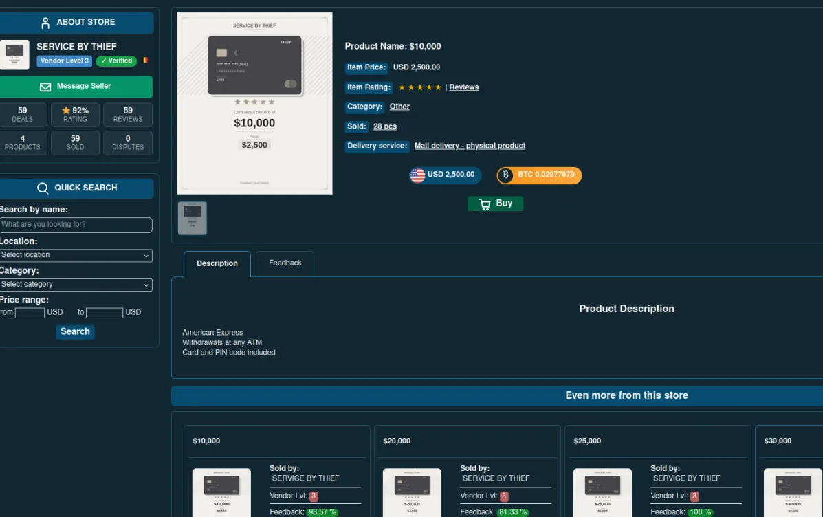 An online marketplace interface offering 'SERVICE BY THIEF' with pricing and seller information.