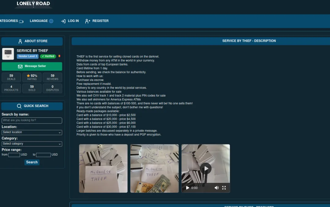 A website interface on the darknet for selling cloned cards, showing sections for sellers and offerings.